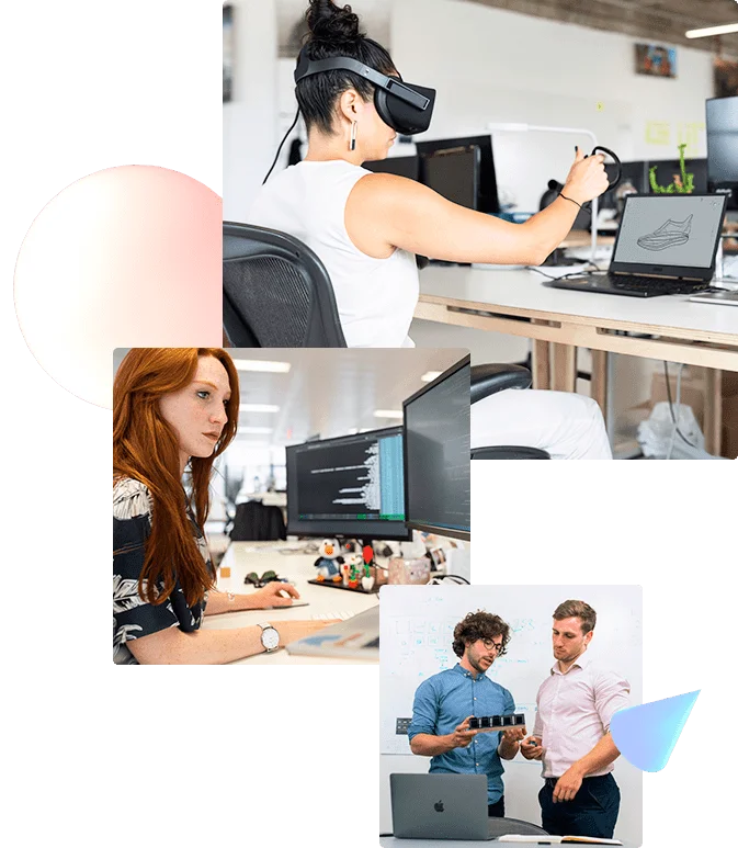 três imagens de pessoas usando tecnologias